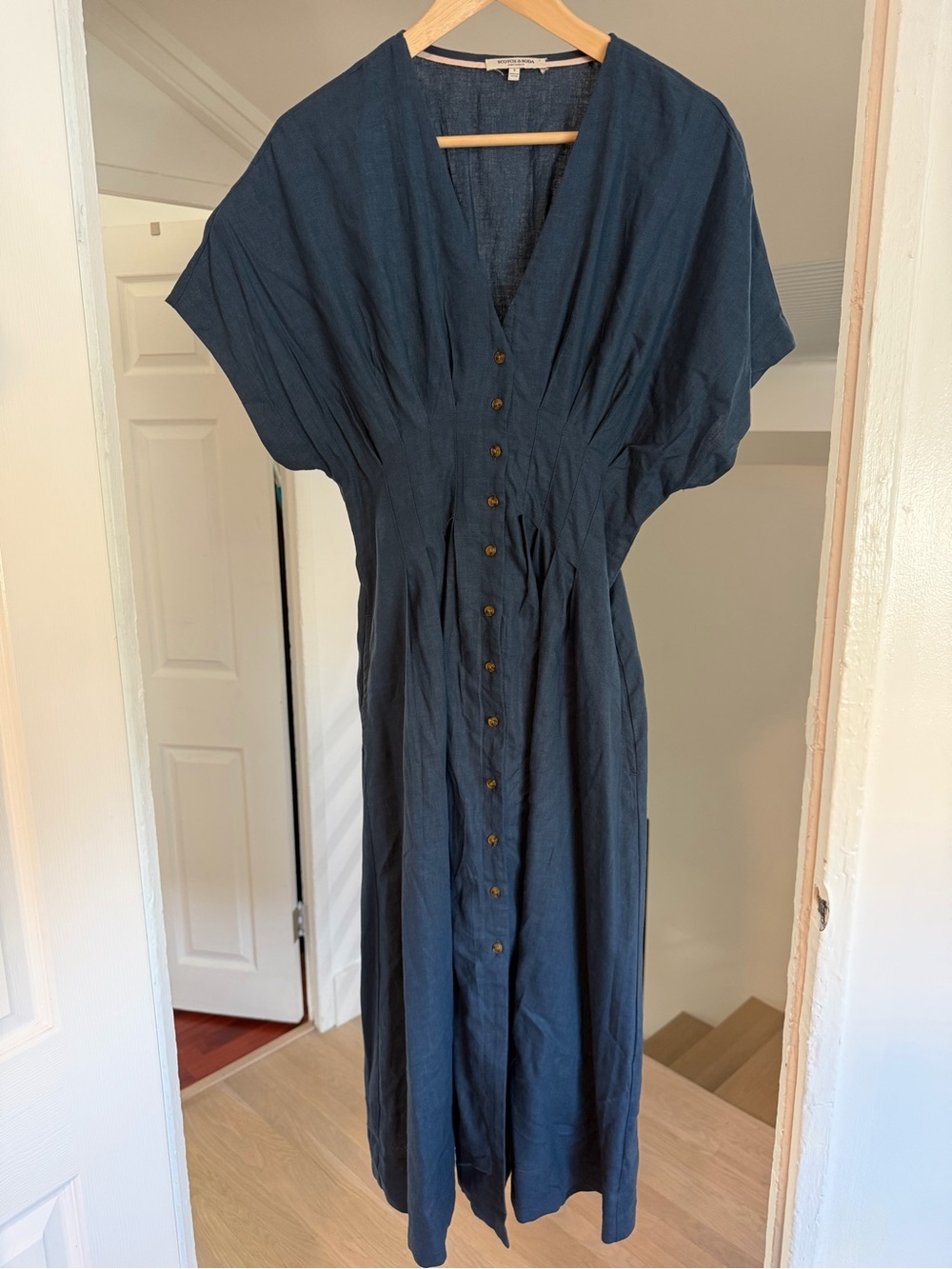 V-Neck Navy Button-Front Women's Linen Dress
